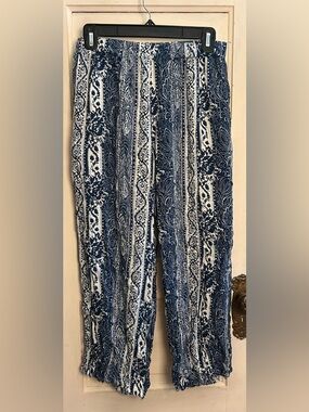 Women's Navy & White Wide-Leg Pull-On Pants